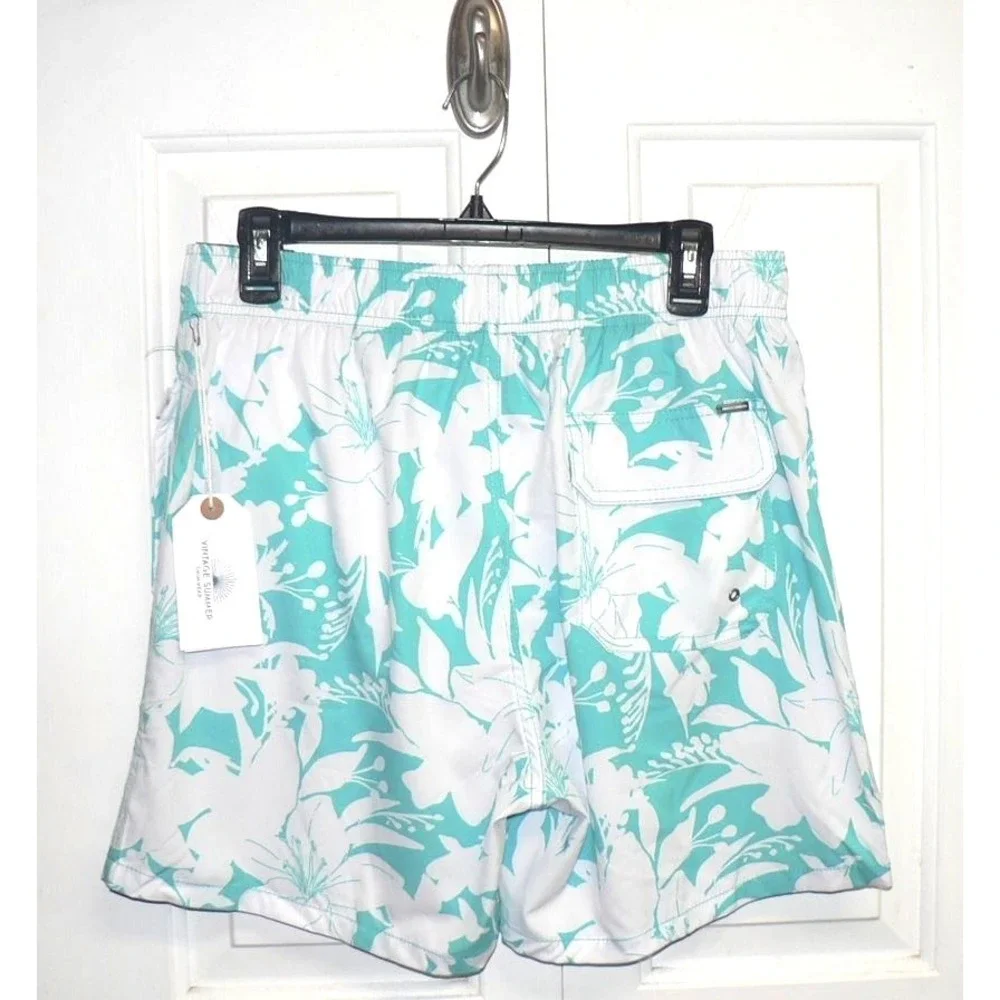 Vintage Summer Men's Tropical Print Drawstring Volley‎ Swim Trunks in Teal Large